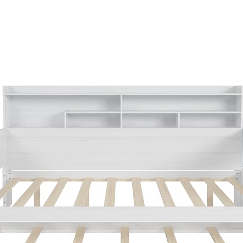 Bellemave Twin Corner Bed Frame with Storage Shelves and Desk, Wood Twin Size Daybed with Bookcase and Drawers and Storage, Gray