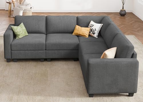 HONBAY Corduroy Modular Sectional Couch with Storage L-Shaped Sectional Couches for Living Room 6 Seater Modular Sofa, Dark Gray