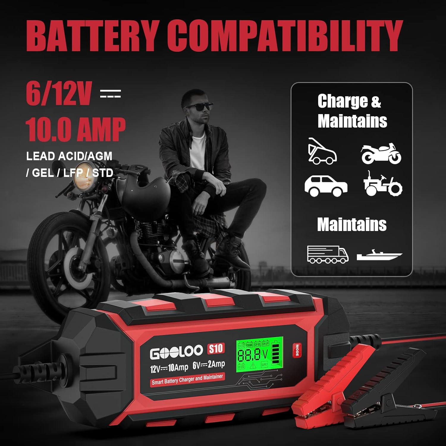 GOOLOO 10-Amp Car Battery Charger, 6V and 12V Fully Automatic Battery Charger Maintainer, Trickle Charger