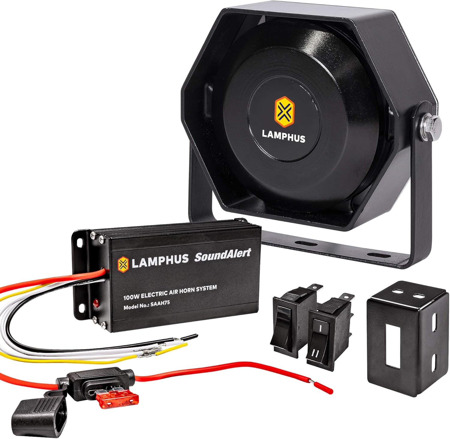 LAMPHUS SoundAlert 12V 100W Electric Police Air Horn Kit [Slim Speaker] [118-124dB] [Hands-Free] Train Truck Police Siren Horn for Vehicles Truck UTV