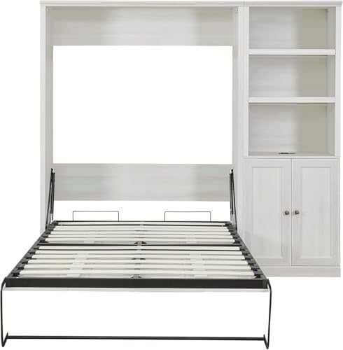 MERITLINE Queen Size Murphy Bed with Storage Bookcase Shelves,Cabinet and Charging Station,Wood Folding White Murphy Wall Bed