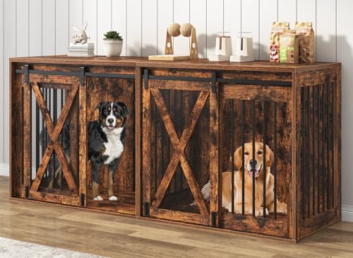 78.7" XXL Dog Crate Furniture for 2 Large Dogs, Heavy Duty Double Dog Cage Large Breed, 35.4" Tall Thick Wooden Dog Kennel TV Stand with Divider