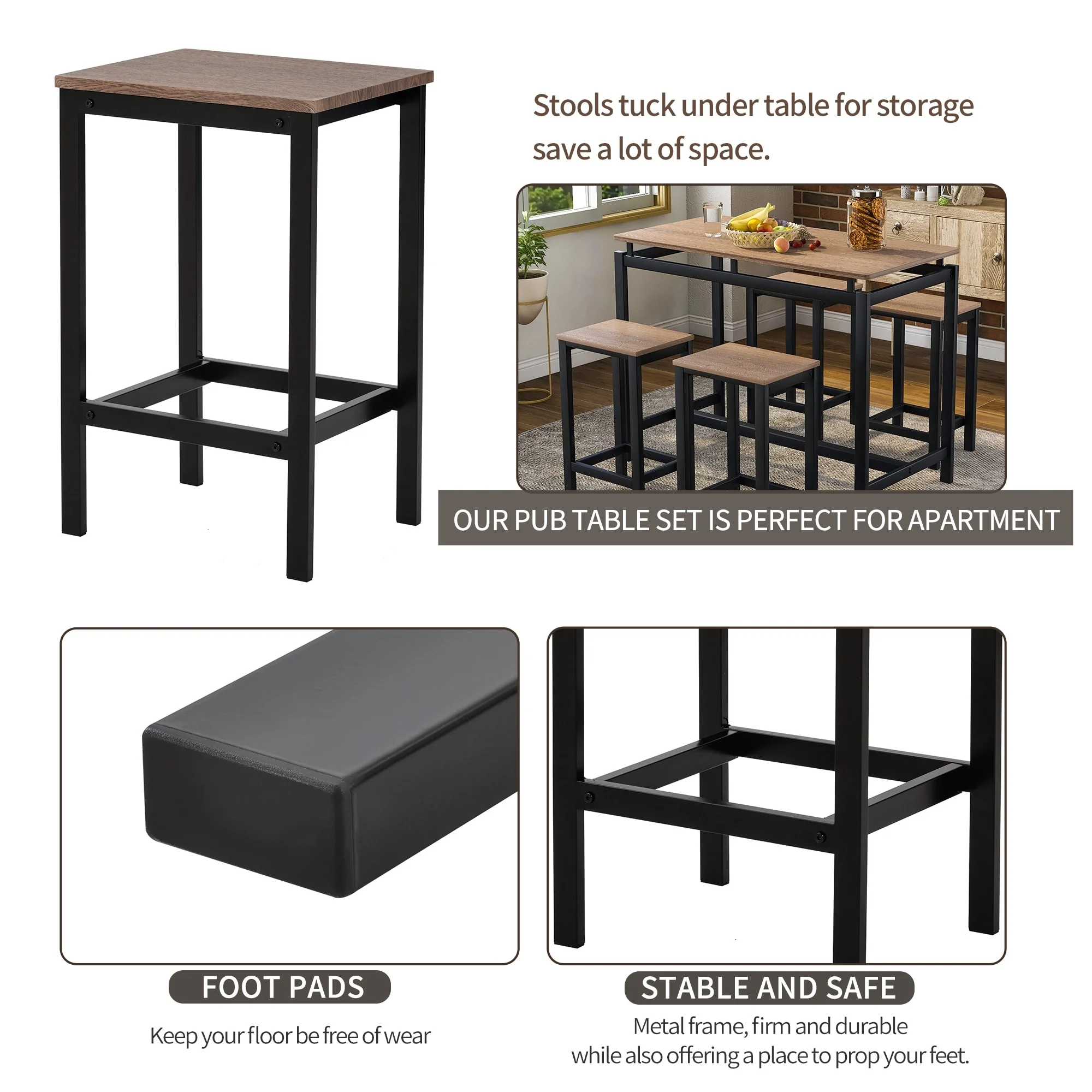 Bar Table and Chairs Set, 5-Piece Dining Table Set Industrial Counter Height Pub Table with 4 Chairs, Kitchen Breakfast Table Dark Brown