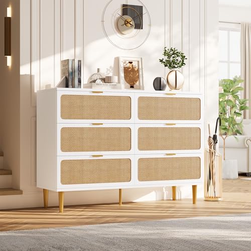 Rattan 5 Drawer Dressers for Bedroom, Tall Dresser with Deep Drawers, Large Chest of Drawers for Closet with Wide Top