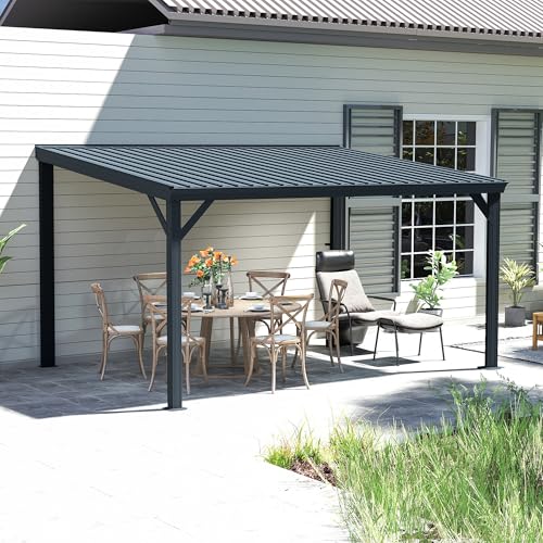 Domi 10' x 14' Lean to Gazebo, Wall Mounted Gazebos Pergola with Built in Drainage System, Galvanized Steel Roof