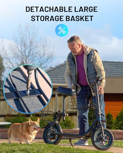 Electric Scooter with Seat, 550W Motor,18.6MPH Top Speed, 20 Miles Range,Adults Electric Scooter with Large Storage Basket for Pets Dogs and Items