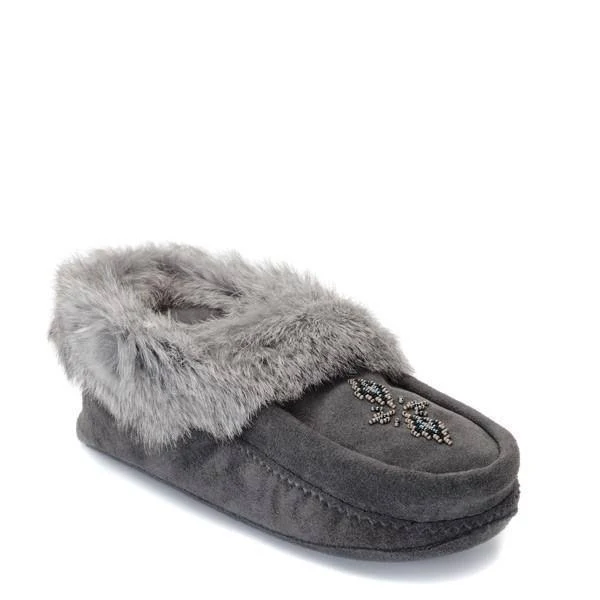 Manitobah Mukluks Tipi Suede Rabbit Fur Moccasins - Charcoal 11M
