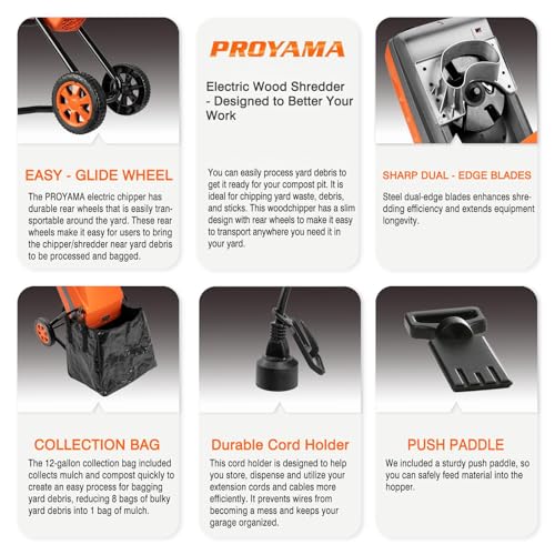 PROYAMA 15 - Amp Electric Wood Chipper, Corded Shredder with Collection Bag and Push Stick, Double Sided Blade System, Auto Shut - Off