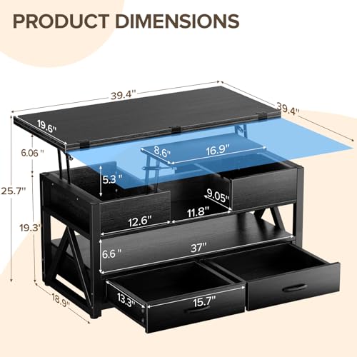 40" Lift Top Coffee Table,4 in 1 Multi-Function Lift Coffee Tables with Storage Drawers and Hidden Compartmen