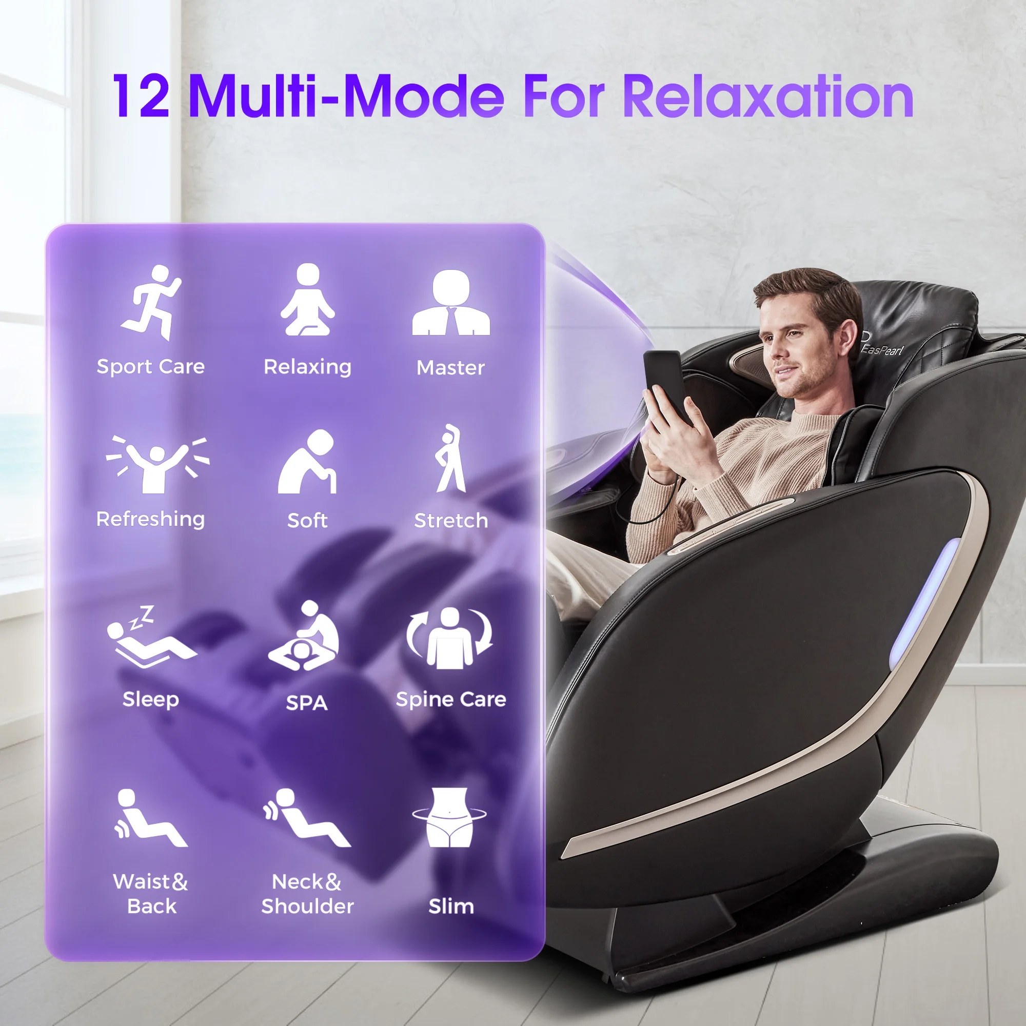 Easpearl 2024 4D Full Body Massage Chair Zero Gravity Shiatsu Recliner with Heat Thai Stretch Black