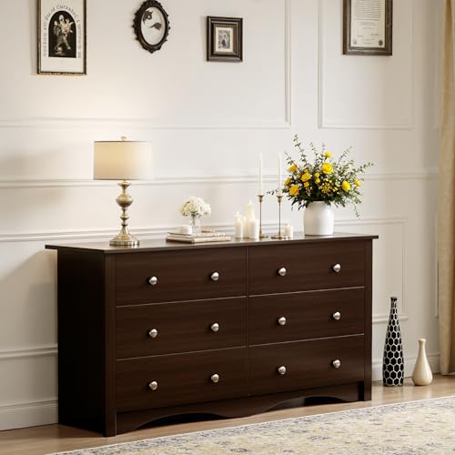 JUMMICO Dresser for Bedroom, 6 Wood Dresser Drawers, Wide Chest of Drawers, Storage Tower Unit, Modern Design for Bedroom, Living Room, Hallway