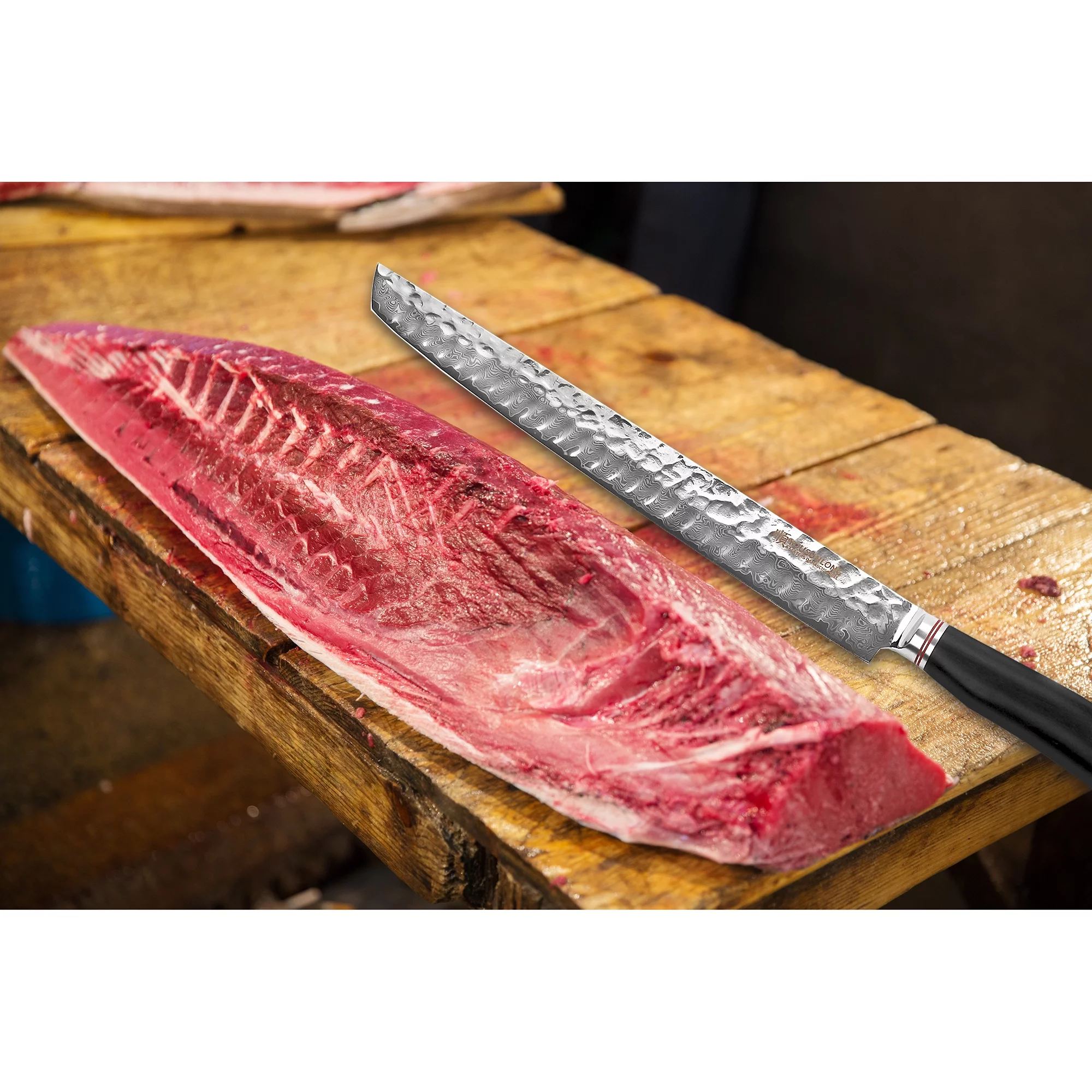 YOUSUNLONG Sujihiki Knife 13 Inch - Japanese Damascus Steel Fillet Knives Naturalwood Handle With Leather Sheath