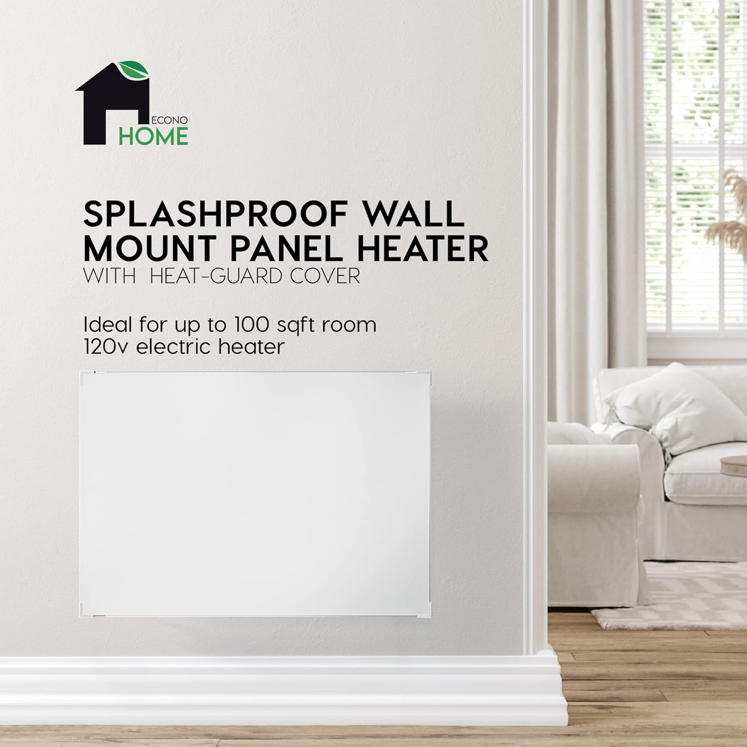 EconoHome Wall Mount Space Heater Panel - 250 Watt Splashproof Convection Heater with Heat Guard Cover - Ideal for 100 Sq Ft Room or Bathroom