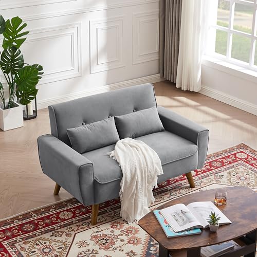 48.8" Small Loveseat Sofa, Mid Century Modern Love Seat Couch with Back Cushions and Wood Legs, 2 Seater Couches for Living Room, Bedroom