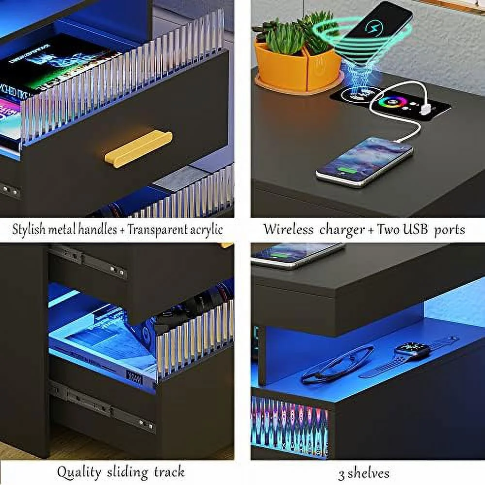 Nightstands Set of 2 with Charging Station  Smart Beside Table with 2 Drawers &amp; Touch Control LED Lights