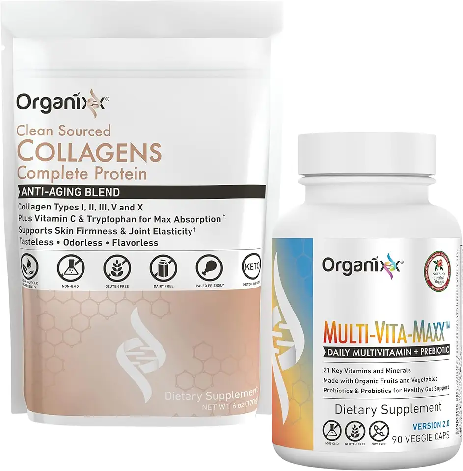 Organixx Clean Sourced Collagen Powder, Unflavored, 20 Servings & Multi-Vita-Maxx Whole Food Multivitamin - Kansas Nuitrition - HNZSDS