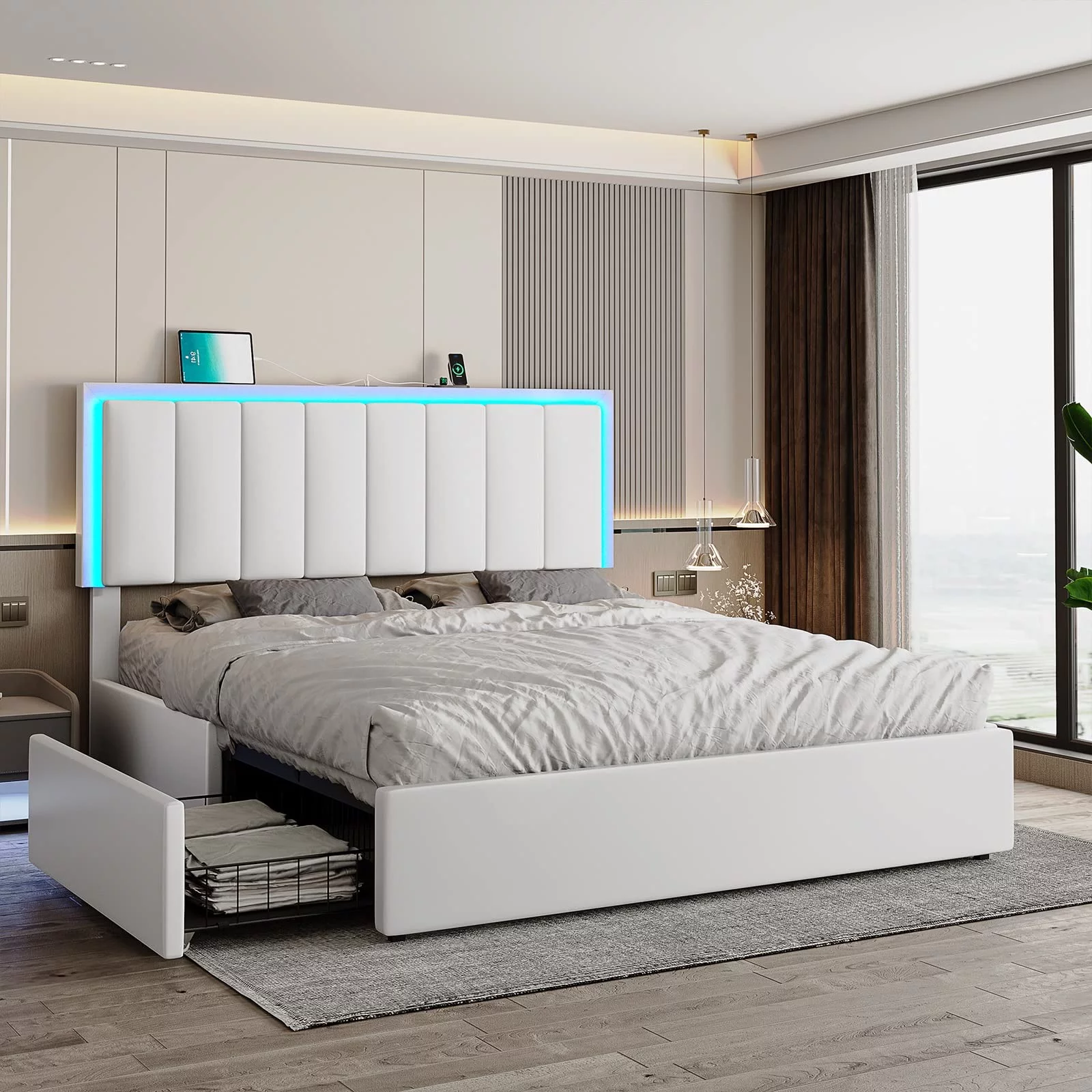 DICTAC Queen LED Bed Frame with 4 Storage Drawers and USB Ports Modern Upholstered Platform Bed Frame with Storage Faux Leather Storage with LED