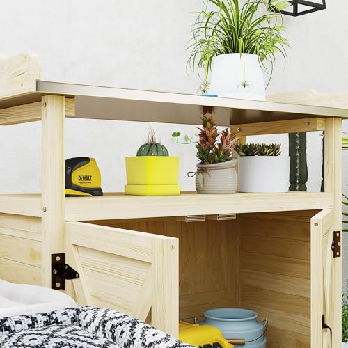 Outsunny Outdoor Wooden Potting Bench Table, Garden Workstation with Storage Cabinet, Aluminum Table Top, Rubber Wheels for Backyard, Patio, Balcony
