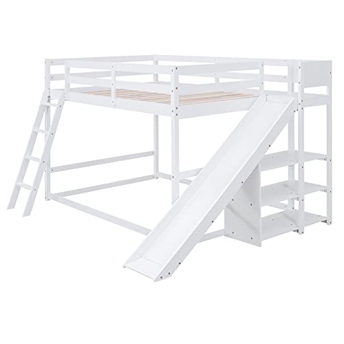 Full-Over-Full Castle Style Bunk Bed with 2 Drawers and 3 Shelves, Wood Bunk Bed Frame with Slide and Storage Staircase for Kids Teens Boys Girls