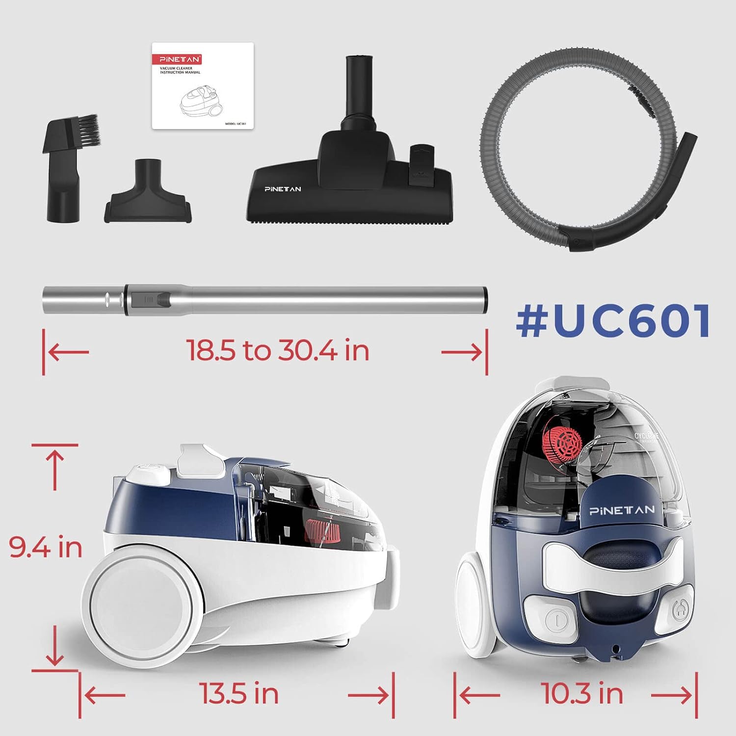 PINETAN Bagless Canister Vacuum Cleaner, with Double HEPA Filtration, Lightweight Design & Powerful Suction