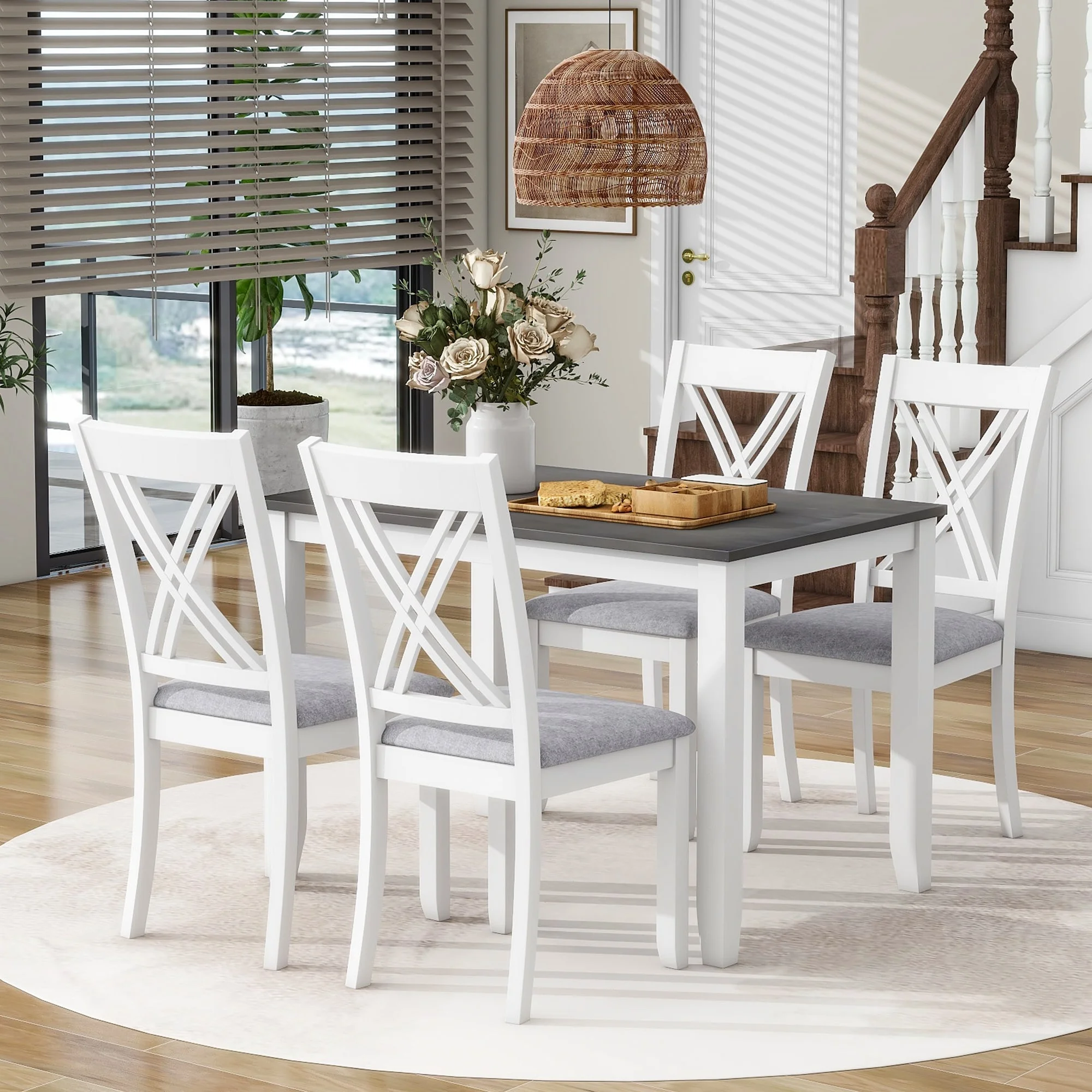 4 Person Modern Minimalist Wood Small Dining Table with 4 Chairs Set for Dining Room Kitchen, 5-Piece Grey