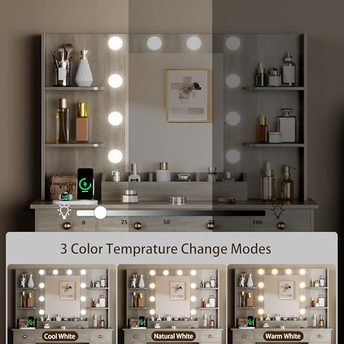 Vanity Desk with Mirror and Lights, Makeup Vanity with Charging Station & Vanity Stool