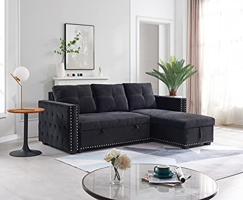 JULYFOX Black Sectional Sofa with Storage Chaise