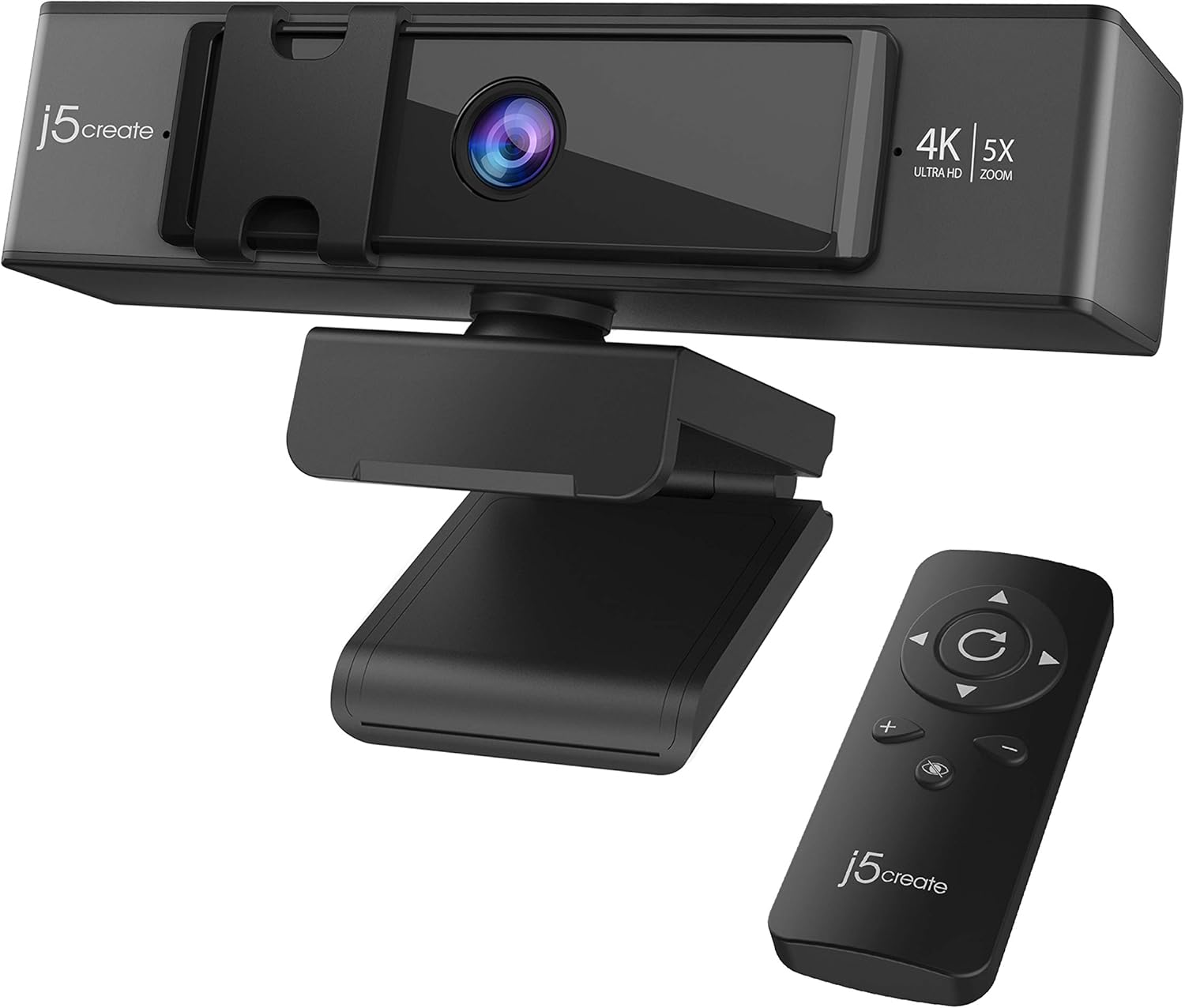 j5create 4K Ultra HD Webcam with 5X Digital Zoom, Privacy Cover, Low Light Enhancement, Dual High-Fidelity Microphones, Remote Control