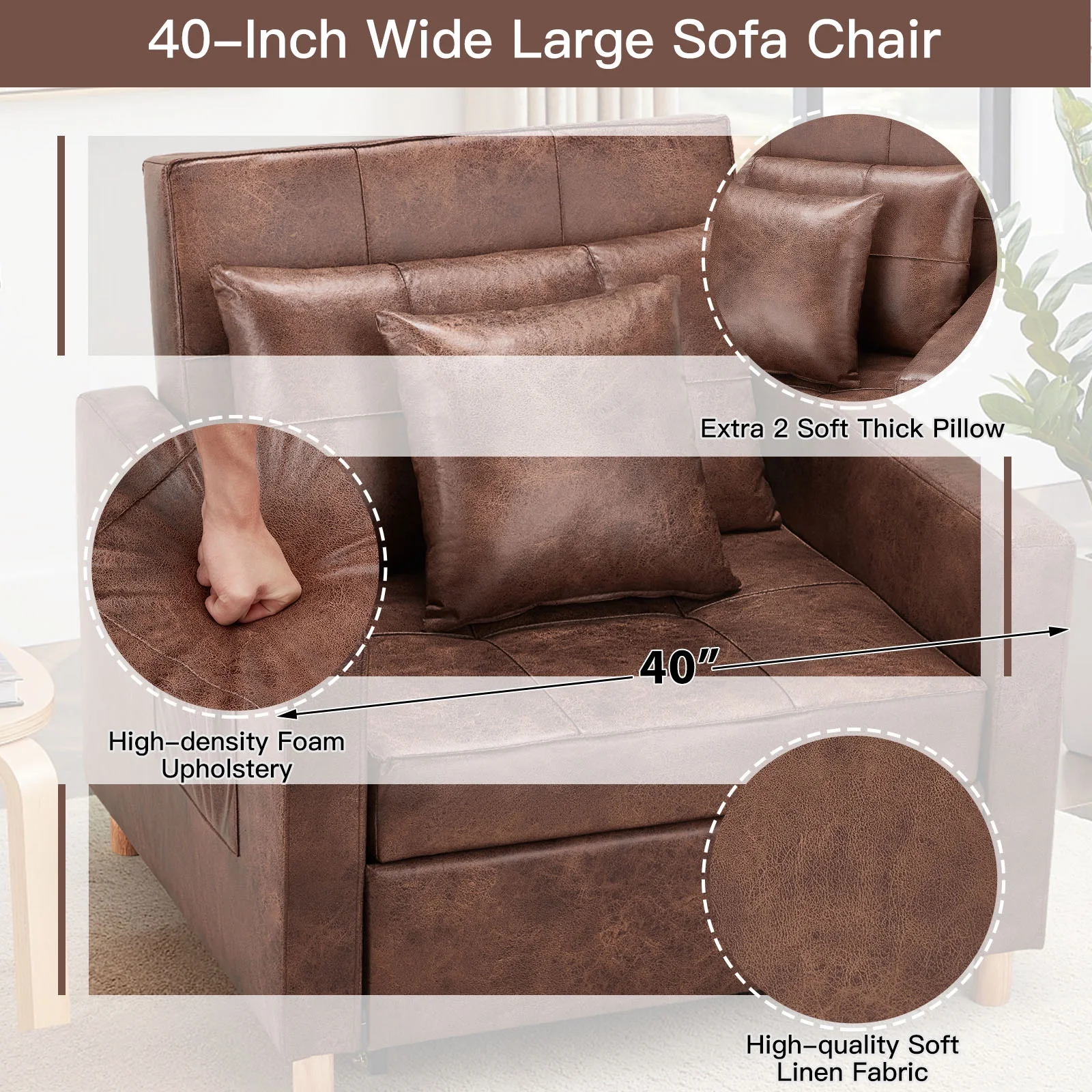 YODOLLA 3-in-1 Sofa Bed Chair, Convertible Sleeper Chair Bed-Saddle Brown