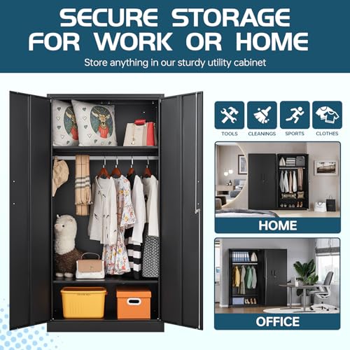 MIIIKO Steel Cabinet Wardrobe, Metal Locker Cabinet with Hanging Rod, Metal Clothing Locker Storage for Home, Office, Garage and Changing Room