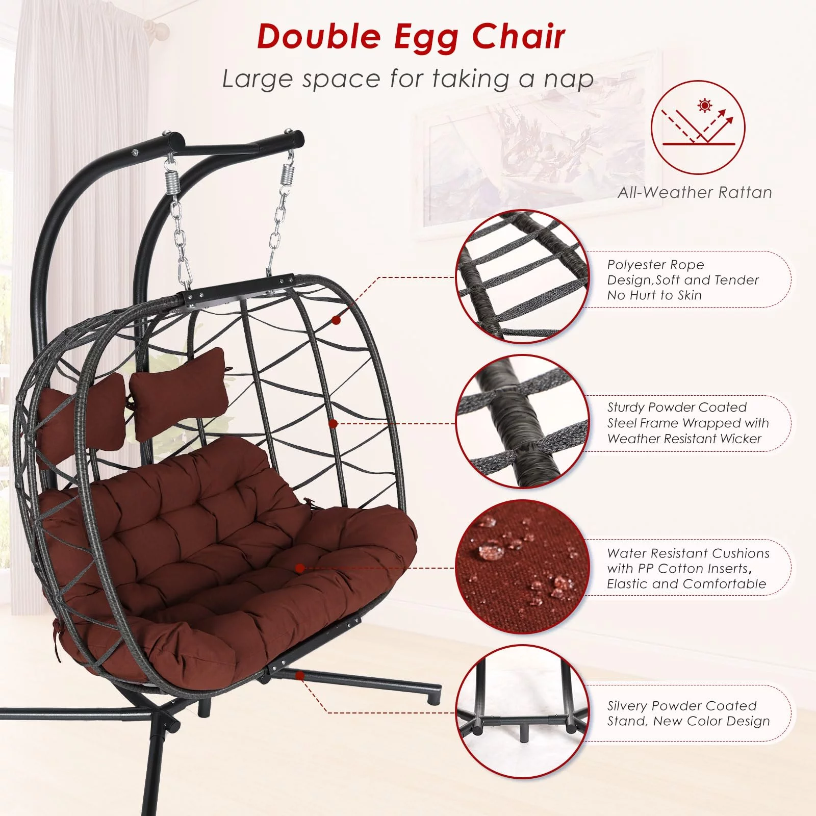 NICESOUL 2 Seater Egg Swing Chair with Stand 2 Person Indoor Outdoor Gray Swing Hanging Chair Two Person Burgundy Olefin Cushion Large Luxury 510Lbs