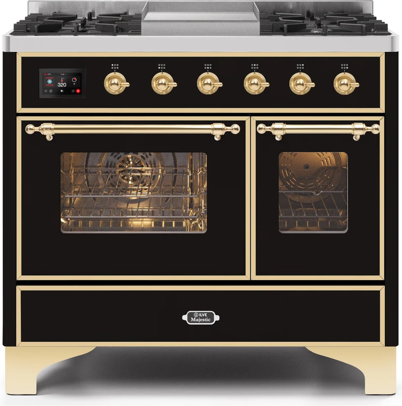 ILVE Majestic II 40 Dual Fuel Natural Gas Range in Glossy Black with Brass Trim, UMD10FDNS3BKG