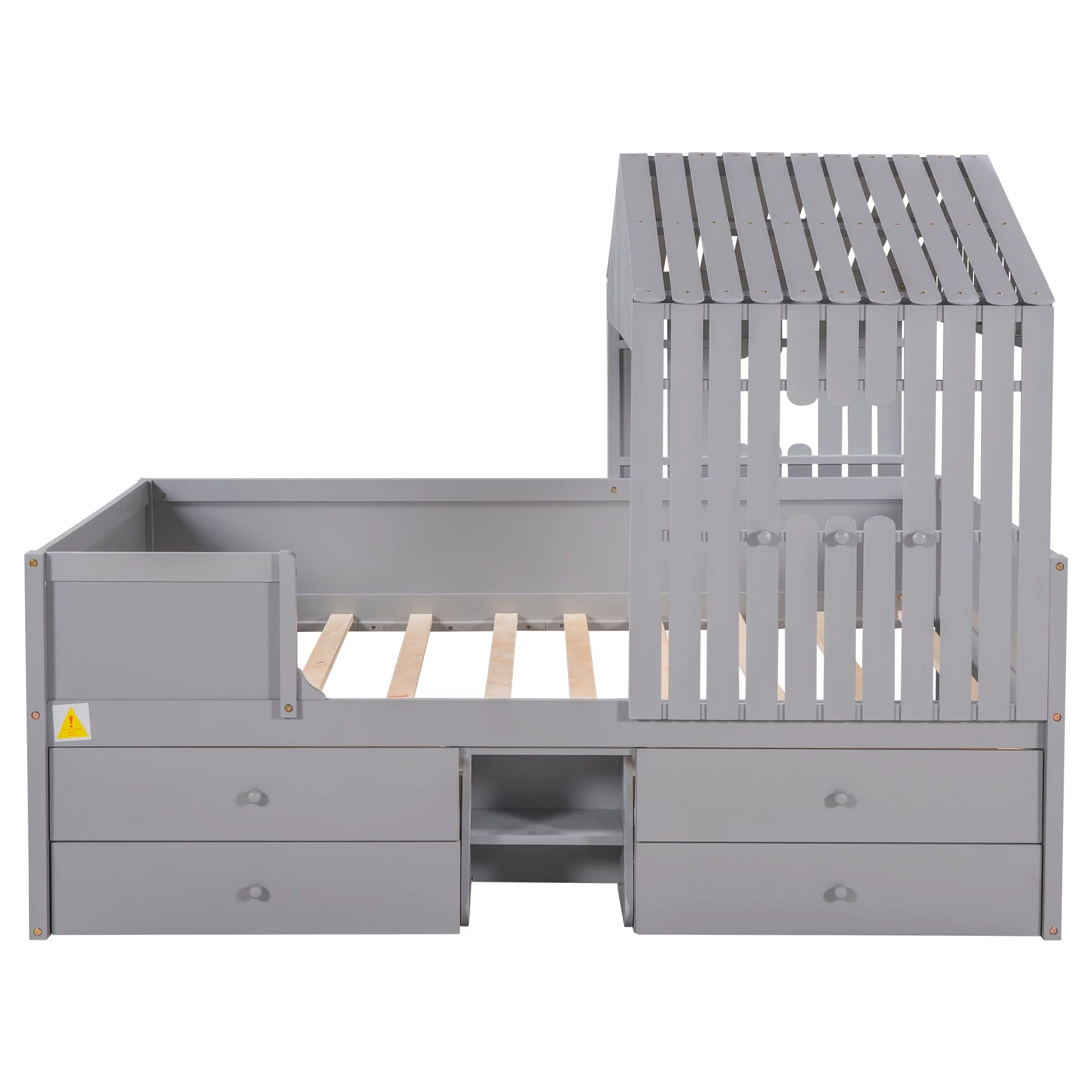 Full Size House Low Loft Bed with Four Drawers,Gray