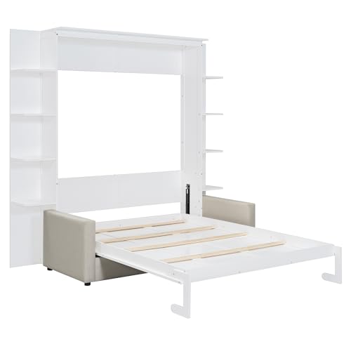 HABITRIO Queen Size Murphy Bed, Wooden Queen Murphy Bed Frame with Shelves, Wall Bed with L-Shape Sofa, White