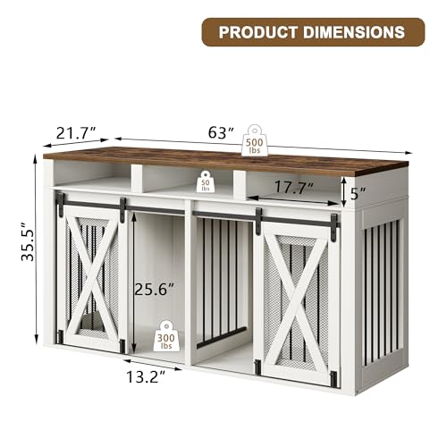 63" Large Dog Crate Furniture for 2 Dogs, Farmhouse Style Dog Cage TV Stand with Sliding Door