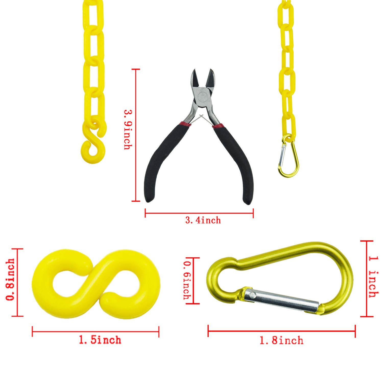 Reliabe1st 50 Feet Yellow Plastic Safety Barrier Chain with 12 S-Hooks and 12 Carabiner Clips and 2 Cone Chain Connector Kits | Caution Security