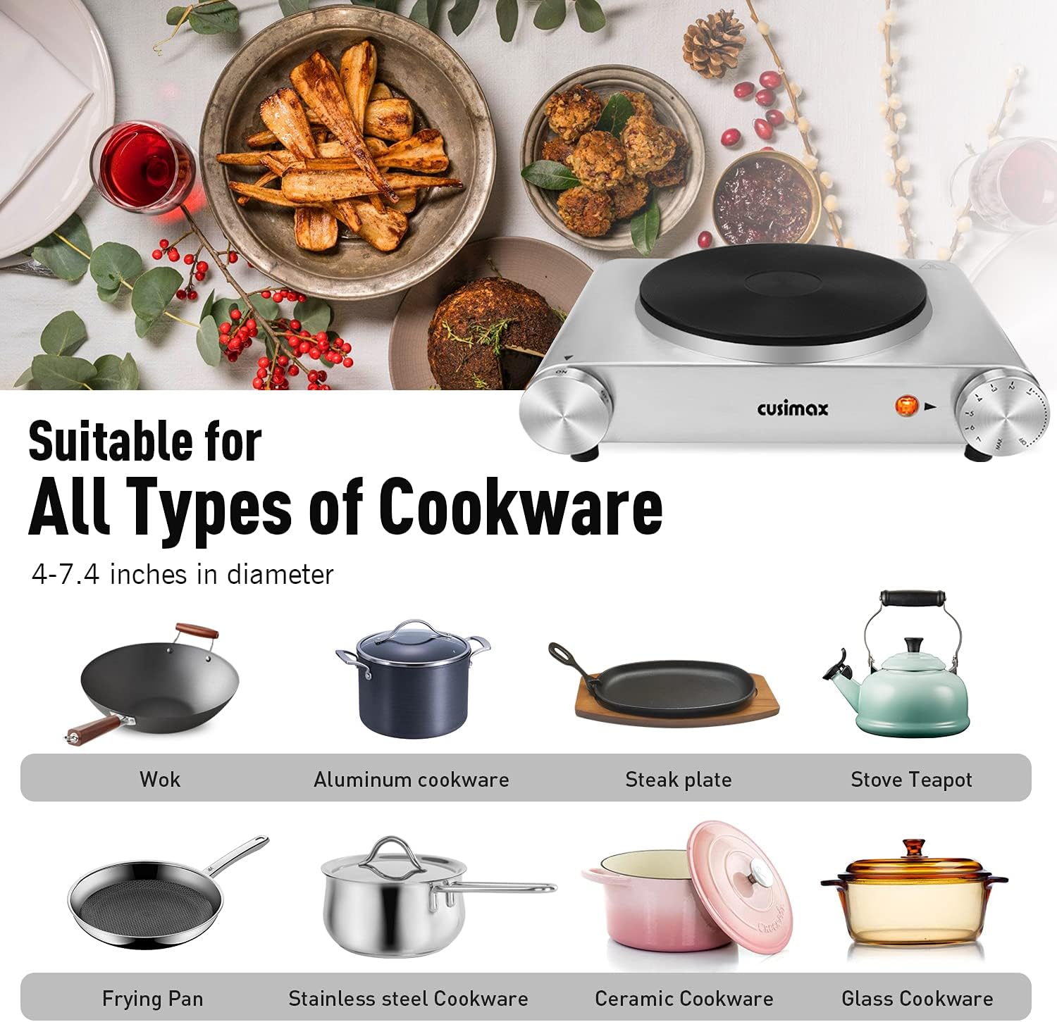 Cusimax Hot Plate Electric Burner Single Burner Cast Iron hot plates for cooking Portable Burner 1500W with Adjustable Temperature Control Stainless