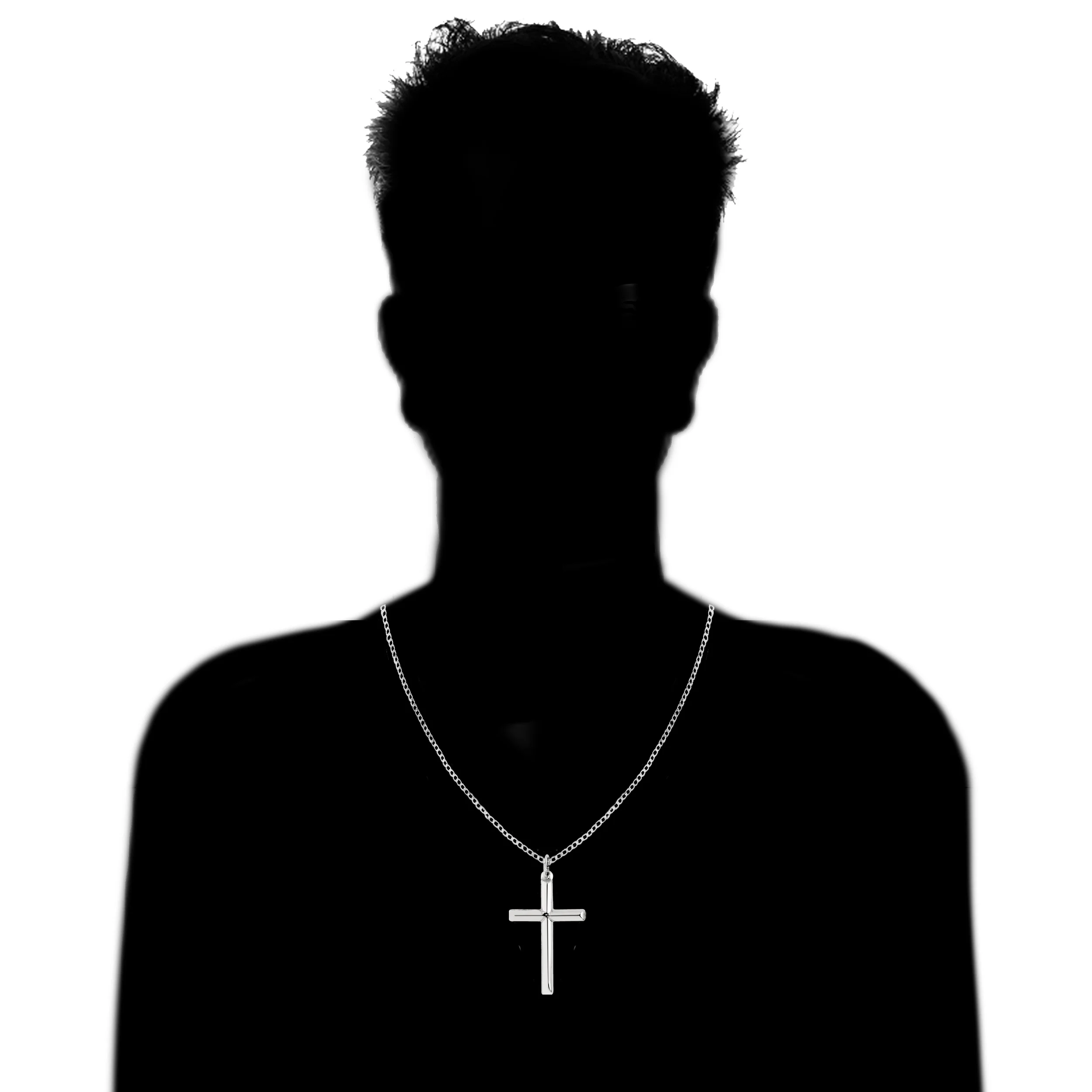 Men's Sterling Silver Large Tubular Cross Charm Necklace 24 Inches