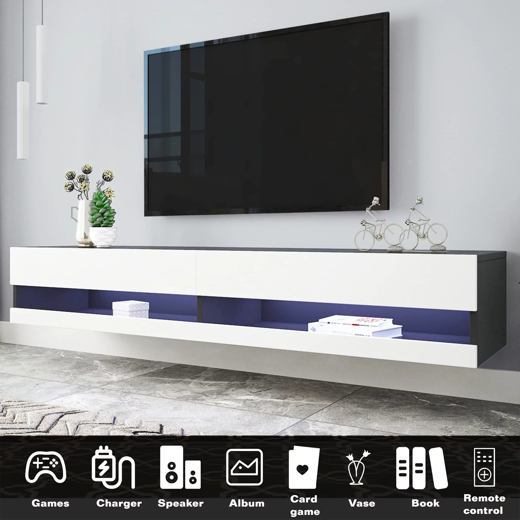 Floating TV Stand Wall Mounted with LED Lights, Floating TV Cabinet for 80 Inch TV