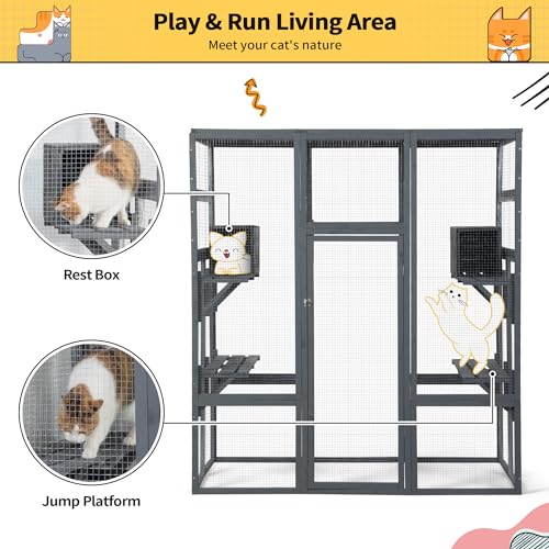 COZIWOW 70Inches Large Stable Spacious Wooden Catio Outdoor Cat Enclosure with Perches and Condos, Cat Cage Indoor with Waterproof Roof