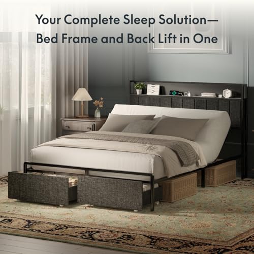 FLEXISPOT Queen Adjustable Bed + 12-inch Cooling Gel Memory Foam Mattress, Storage Headboard, Charging Station, Head Incline, LED Lighting