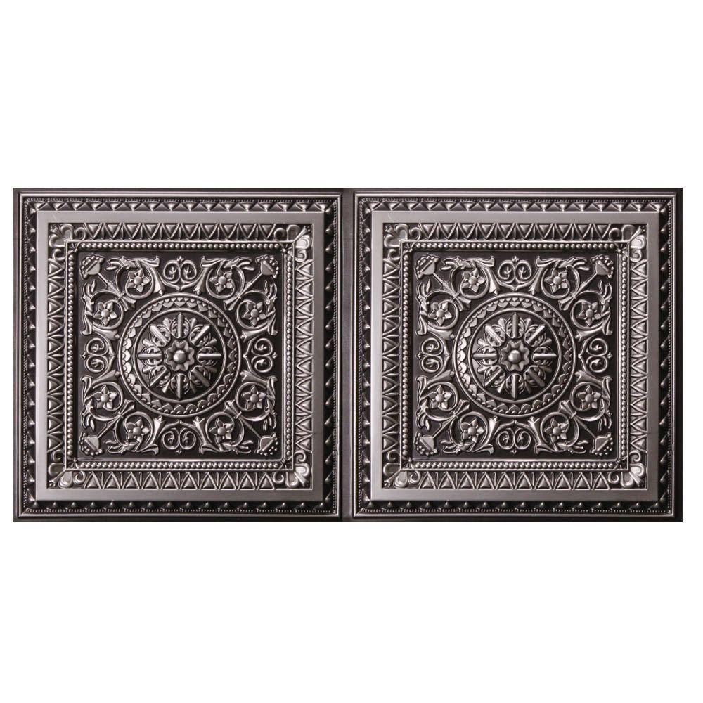 Marseille 3.98 ft. x 1.98 ft. Glue-Up Vinyl Ceiling Tile in Antique Silver uDecor