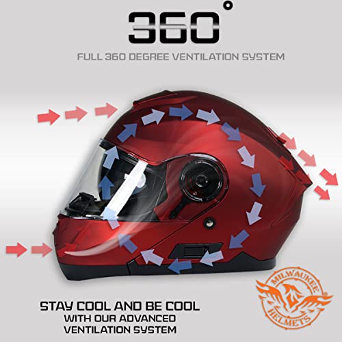 Milwaukee Helmets MPH9817DOT Breeze Red Advanced Motorcycle Modular Helmet Biker w/Drop Down Visor - Large