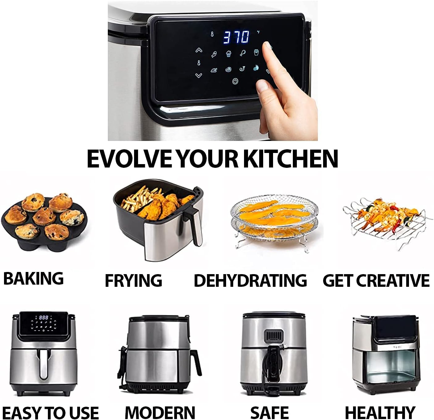 Yedi Evolution Air Fryer, 6.8 Quart, Stainless Steel, Ceramic Cooking Basket, with Deluxe Accessory Kit and Recipe Book