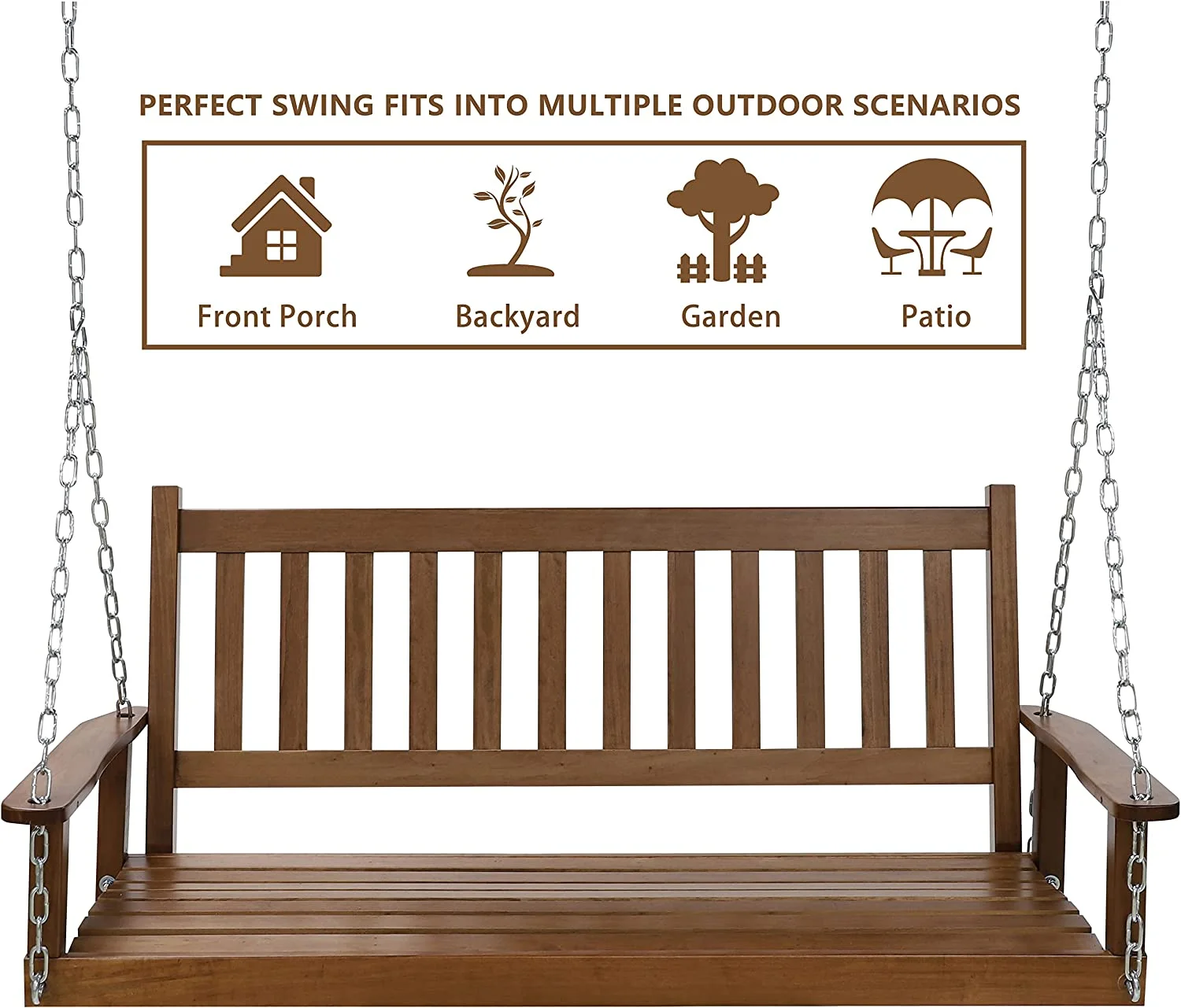 Outdoor Patio Hanging Wooden Porch Swing 5FT with Chains, 3-Person Heavy Duty Swing Bench for Garden and Backyard, Wood Brown