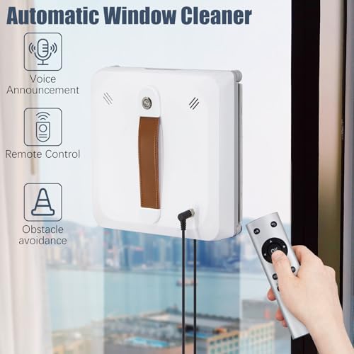 Window Cleaning Robot, 3000Pa Strong Suction Smart Cleaner with Automatic Water Spray, Remote Control, Voice Broadcast
