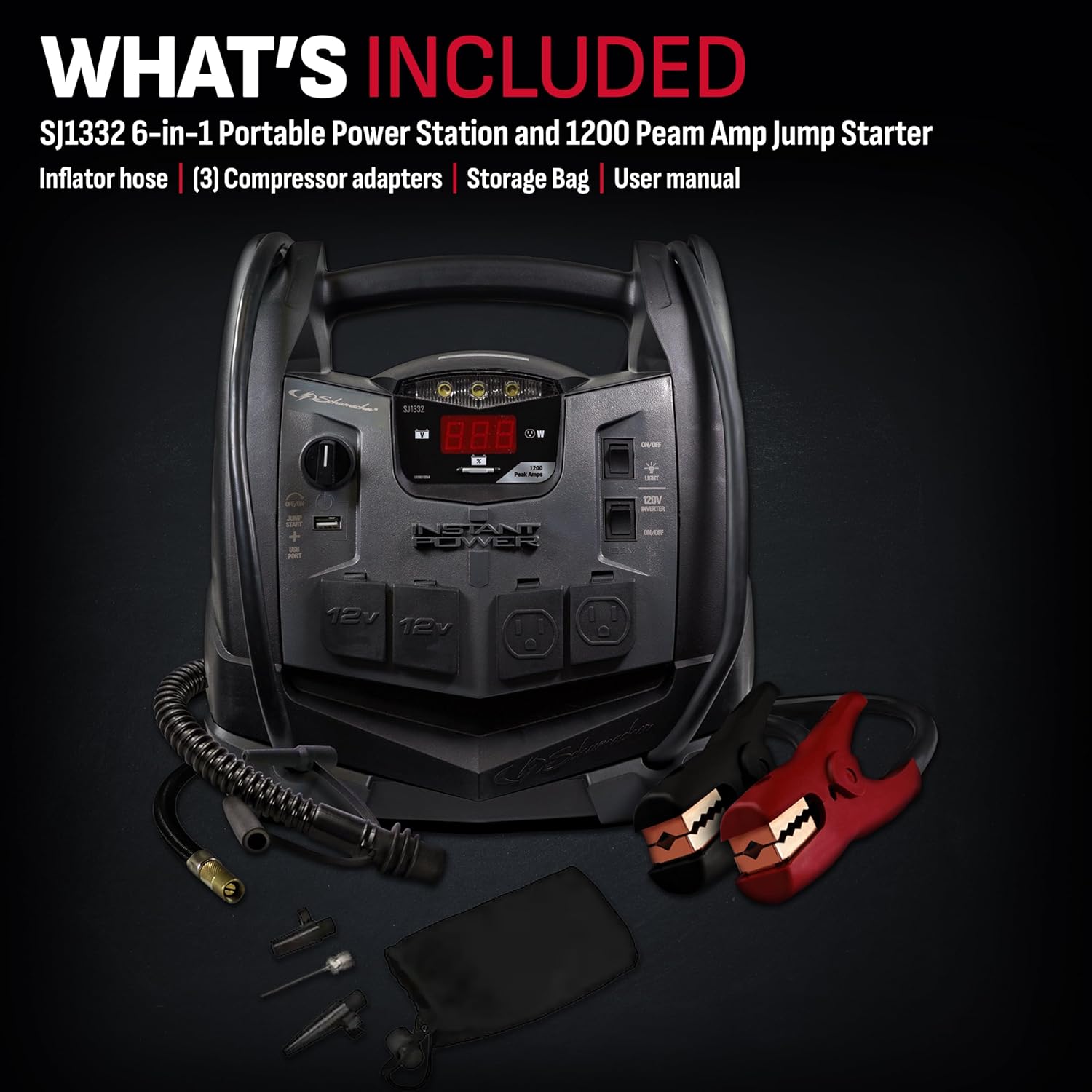 Schumacher Electric SJ1332 6-in-1 Portable Power Station and Jump Starter with 150-PSI Air Compressor and 200 Continuous/400 Peak Watt Power Inverter