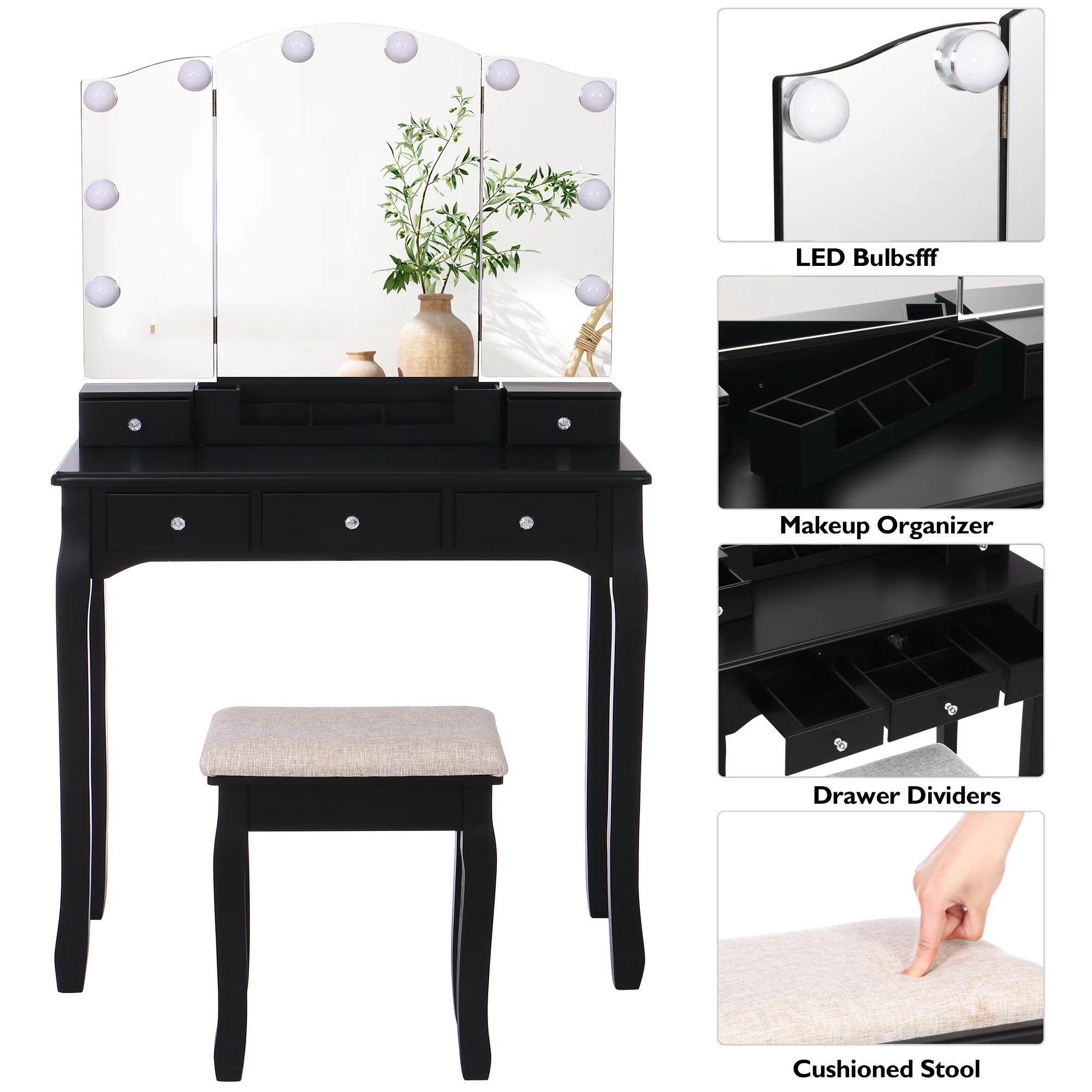 BEWISHOME Vanity Set with Lighted Mirror, Makeup Vanity with Tri-Folding Mirror 10 LED Bulbs