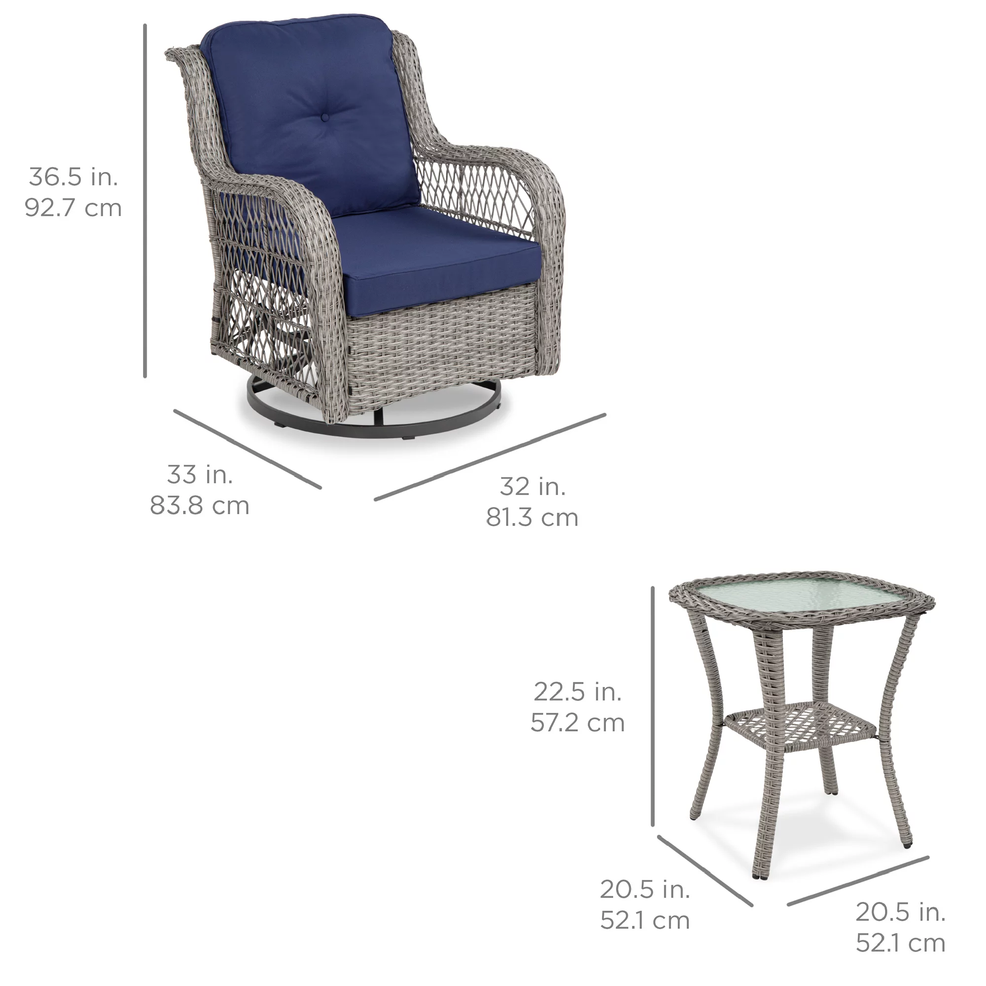 Best Choice Products 3-Piece Patio Wicker Bistro Furniture Set w/ 2 Cushioned Swivel Rocking Chairs, Side Table - Navy