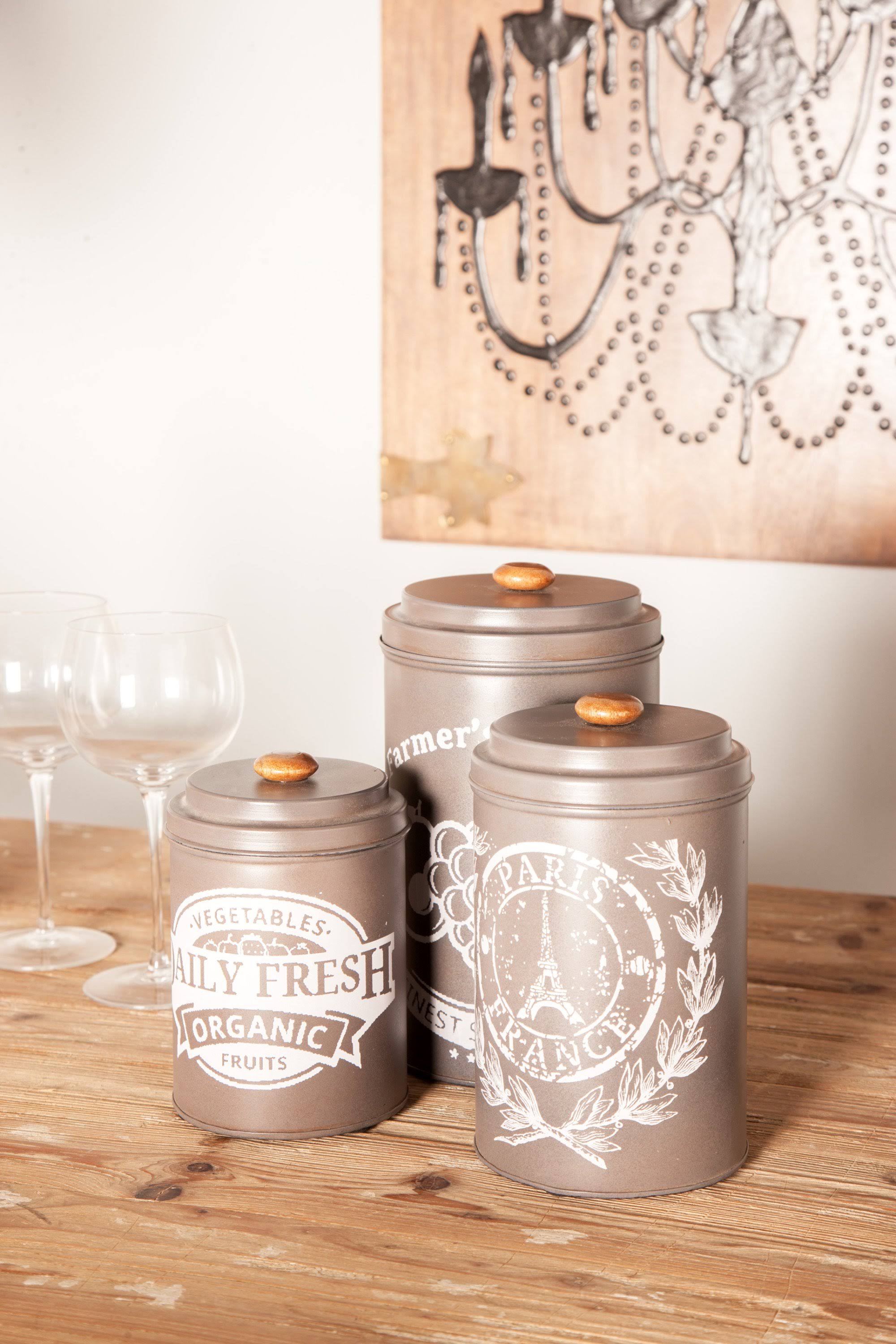 Decmode Farmhouse 7, 9 and 10 inch Black Tin Canisters with Wooden Lid - Set of 3